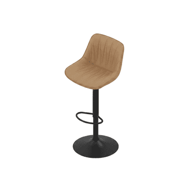 A contemporary bar stool featuring a curved, upholstered seat with distinctive pleated detailing in a light tan color. It stands on a matte black metal pedestal base with a circular footplate and includes a built-in circular footrest, indicative of a height-adjustable and swiveling mechanism. — 3D model (AI enhanced source)