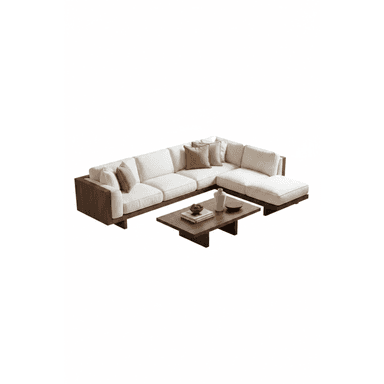 A sectional sofa with a chaise lounge, featuring a wooden frame and white upholstered cushions. It is accompanied by a matching low coffee table. The sofa is L-shaped and includes several throw pillows. The coffee table has a minimalist design with a dark wood finish. — 3D model (AI enhanced source)