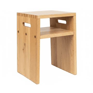 A minimalist wooden stool with a two-tiered design. The stool features a top surface and a lower shelf, supported by vertical panels on the sides. Each side panel has a cut-out handle for portability. The joinery at the top of the side panels is visible, showcasing finger joints. The wood grain is prominent, indicating a natural finish. — 3D model (AI enhanced source)