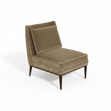 An armless upholstered slipper chair featuring a deep seat, a separate back cushion, and four tapered wooden legs. The chair is covered in a soft, olive green velvet or velour fabric, suggesting a comfortable and stylish seating option. — 3D model (AI enhanced source)