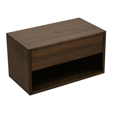 A compact, rectangular nightstand crafted from dark stained wood, featuring a single, handle-less drawer at the top and an open storage shelf beneath it. The wood displays a prominent grain texture, and the overall design is minimalist and contemporary. — 3D model (AI enhanced source)