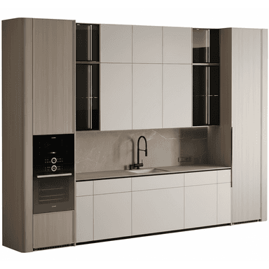 An integrated kitchen cabinetry system featuring tall storage units, upper wall cabinets, and lower base cabinets with an incorporated sink and faucet, as well as built-in appliances including an oven and microwave. The design is modern and minimalist, utilizing light wood tones for the tall units and a matte light gray finish for the other cabinet fronts, complemented by a stone-look countertop and backsplash. — 3D model (AI enhanced source)