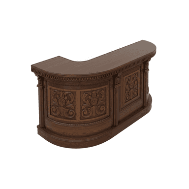 An ornate, dark brown wooden bar counter featuring a curved design and intricate relief carvings. The counter is constructed from dark-stained wood, possibly mahogany or a similar rich tone, and includes decorative fluted columns and detailed moldings along its base and top edges. The front panels are adorned with floral and scrollwork carvings, lending it a traditional or classic aesthetic. The top surface is smooth and polished, designed for serving. The overall appearance suggests a high-quality, handcrafted piece. — 3D model (AI enhanced source)