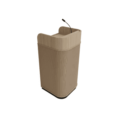 A modern lectern, also known as a podium, constructed from light-toned wood. It features a curved top surface designed to hold notes or a book for a speaker. The body of the lectern is characterized by vertical fluting, adding textural interest and a contemporary aesthetic. It stands on a recessed black plinth base, providing stability and a subtle contrast to the light wood. — 3D model (AI enhanced source)