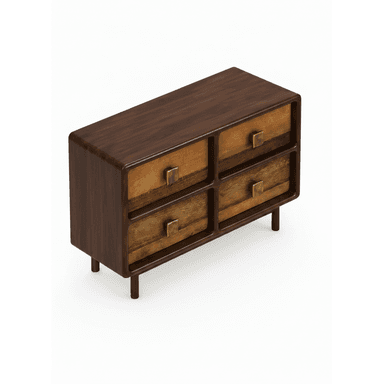 A compact, rectangular accent chest or small chest of drawers featuring a dark wood frame with smoothly rounded edges. It contains four individual drawers, each with a front made from a lighter, natural wood exhibiting varied grain patterns. Each drawer is fitted with a small, square brass pull handle. The unit is supported by four slender, tapered peg legs. — 3D model (AI enhanced source)