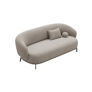 A modern, rounded loveseat with a soft, organic silhouette, upholstered in a light beige fabric. It features a continuous, curved back and armrest design, an integrated seat cushion, and is supported by slender black metal legs. Two loose accent pillows, one rectangular and one spherical, accompany the loveseat. — 3D model (AI enhanced source)