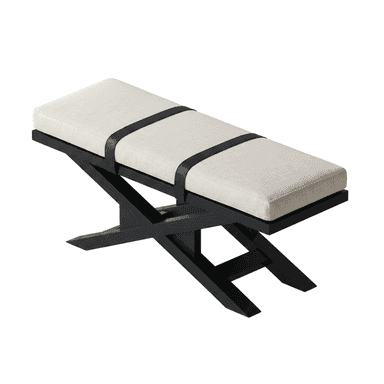 A contemporary bench featuring a rectangular, upholstered cushion secured by decorative dark straps, all supported by a distinctive X-frame base made of dark wood. — 3D model (AI enhanced source)
