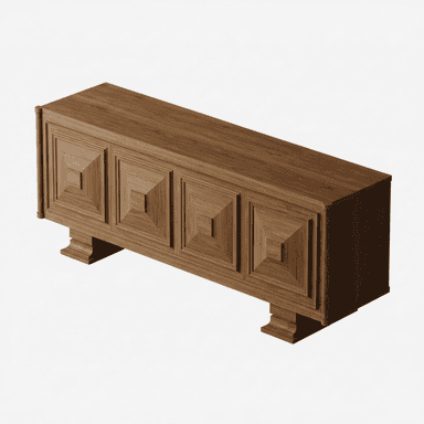 A long, low, rectangular wooden sideboard or credenza featuring four cabinet doors with distinctive geometric, pyramidal relief carvings, supported by wide plinth-style feet. — 3D model (AI enhanced source)