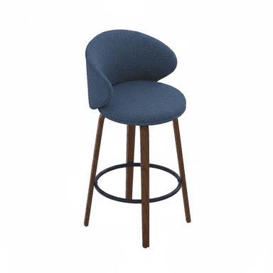 A modern bar stool featuring a blue fabric upholstered seat and a curved backrest that functions as partial armrests, supported by splayed dark wooden legs with a black metal footrest ring, and a swivel mechanism. — 3D model (AI enhanced source)