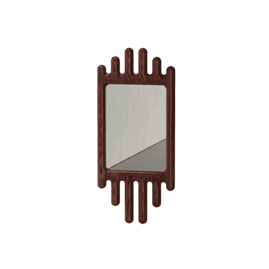 A wall-mounted mirror featuring a rectangular reflective surface encased in a distinctive dark wood frame. The frame exhibits an abstract, organic design with rounded, elongated protrusions extending from its top and bottom edges, reminiscent of dripping or melted material. The wood displays a rich, reddish-brown hue with visible grain patterns. — 3D model (AI enhanced source)