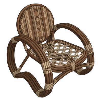 An illustration of a rocking chair crafted from dark brown rattan, featuring a distinctive curved base designed for rocking motion. The seat is a tightly woven rattan pattern, while the circular backrest is upholstered in a fabric with a geometric, tribal-inspired pattern in various shades of brown and beige. The frame's joints are visibly wrapped with lighter-colored cord for reinforcement and aesthetic detail. — 3D model (AI enhanced source)