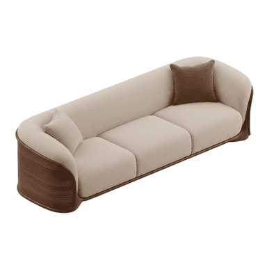 A modern three-seater sofa featuring a distinctive curved wooden frame that elegantly wraps around the base and sides, transitioning into a continuous backrest. The seating area is upholstered in a light beige or off-white fabric, complemented by two throw pillows, one matching the upholstery and another in a contrasting brown hue. — 3D model (AI enhanced source)