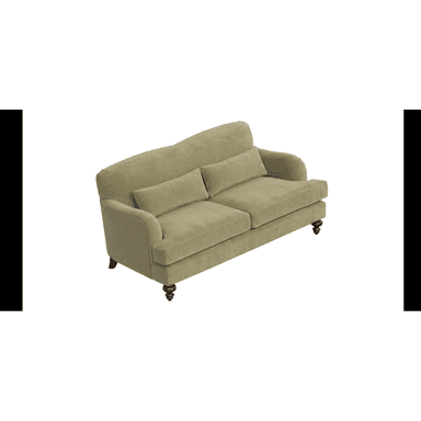 A traditional two-seater loveseat upholstered in a soft, sage green fabric, likely velvet or velour. It features rolled arms, a slightly flared backrest, and two loose back cushions. The base is supported by four dark, turned wooden feet. — 3D model (AI enhanced source)