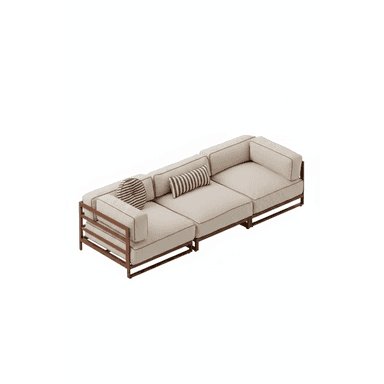 A contemporary modular outdoor sectional sofa featuring a sturdy metal frame and plush, light-colored fabric cushions with contrasting piping. The design includes two main seating modules, an armrest on one end, and comes with two striped accent pillows. — 3D model (AI enhanced source)