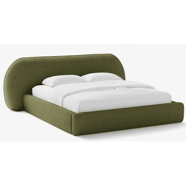 A modern platform bed featuring a generously proportioned, curved headboard and a low-profile frame, both fully upholstered in a textured, olive green fabric. The design is clean and contemporary, with no visible legs, giving it a solid, grounded appearance. White bedding is visible on the mattress. — 3D model (AI enhanced source)