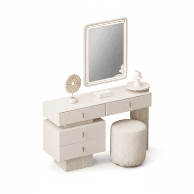 A contemporary vanity set featuring a desk-style vanity table, a rectangular LED-illuminated mirror, and a round upholstered stool. The vanity table has an off-white finish with gold-toned drawer pulls, composed of stacked and offset rectangular components, some with drawers and others serving as support bases. The mirror is framed in a similar off-white and features integrated LED lighting. The accompanying stool is cylindrical, upholstered in a textured bouclé fabric, and has a brass-colored base. — 3D model (AI enhanced source)