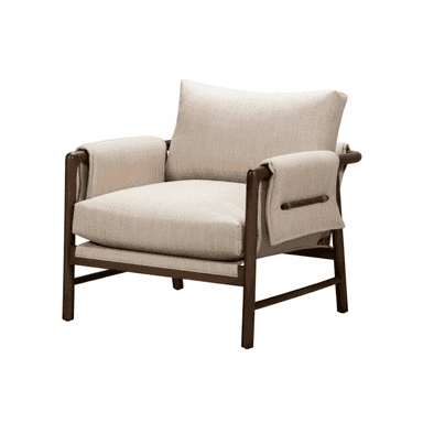 A modern lounge armchair featuring a visible dark wood frame and plush light beige fabric upholstery. The design emphasizes comfort and a minimalist aesthetic, with wide armrests where the fabric wraps over the wooden frame and is secured by a distinctive wooden dowel on the outer side. It includes separate, generously padded seat and back cushions. — 3D model (AI enhanced source)
