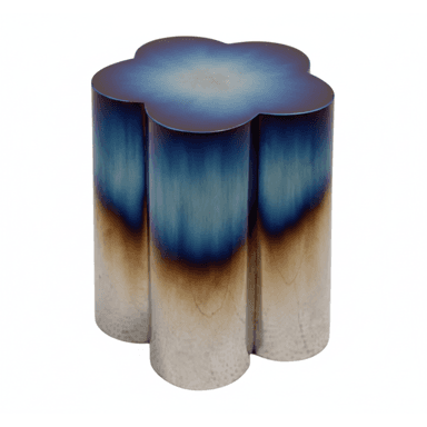 A small, modern accent table crafted from metal, featuring four integrated cylindrical columns that form a petal-shaped top and base. The metal surface exhibits a unique heat-treated iridescent finish, transitioning from deep blues and purples at the top to bronze and silver tones towards the bottom. — 3D model (AI enhanced source)
