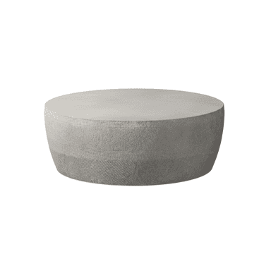 A round coffee table with a drum-shaped base. The surface is flat and circular. The base features horizontal ribbed detailing in two distinct bands, separated by a smoother band. The overall form is solid and substantial. — 3D model (AI enhanced source)