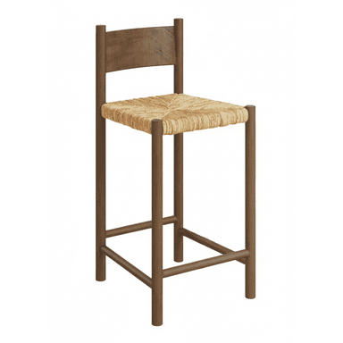 A tall wooden bar stool featuring a rectangular wooden backrest and a square seat woven from natural rush fiber. The frame consists of four slender round legs joined by rectangular stretchers. — 3D model (AI enhanced source)