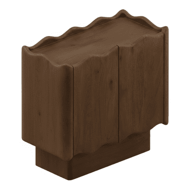 A contemporary dark brown wooden cabinet featuring distinctive wavy edges along the top and bottom surfaces. It has two vertically oriented doors that open to reveal storage space. The cabinet is supported by a recessed plinth base, creating a floating effect. The overall design emphasizes smooth curves and a rich, textured wood grain. — 3D model (AI enhanced source)