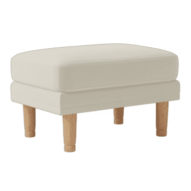 A rectangular ottoman featuring an off-white upholstered top with rounded corners, supported by a lower upholstered base. It stands on four light-colored, tapered wooden legs. — 3D model (AI enhanced source)