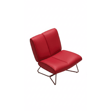 A modern armchair with a low profile and a unique geometric metal base. The seat and backrest are upholstered in red material and feature a quilted or stitched design. — 3D model (AI enhanced source)