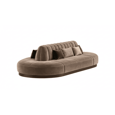 A sophisticated curved sofa featuring channel-tufted velvet upholstery in a neutral taupe color, resting on a recessed dark wood base. The backrest is rounded and extends along the length of the sofa, which is accented with decorative throw pillows in varying colors and patterns. — 3D model (AI enhanced source)