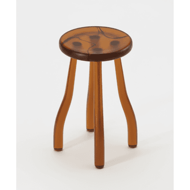 A compact, three-legged stool featuring a round, slightly dished seat and three organically curved legs, all crafted from a translucent, amber-toned resin material with subtle internal variations, giving it a depth of color. — 3D model (AI enhanced source)