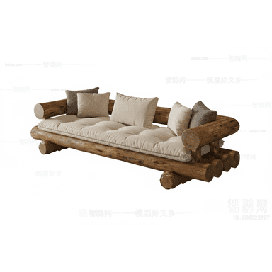 A rustic-style daybed sofa featuring a robust frame constructed from natural, unfinished wooden logs. It includes a thick, tufted, light-colored seat cushion and several matching back cushions and throw pillows in varying shades of beige and grey. The design emphasizes a natural, organic aesthetic with visible wood grain and texture. — 3D model (AI enhanced source)