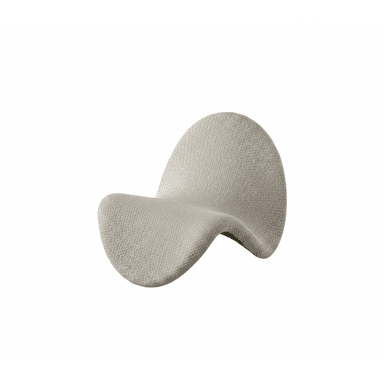 A modern, avant-garde armchair with a unique, organic, and sculptural form. It features a deeply curved, shell-like seat and backrest that appears to meld into a single continuous piece. The upholstery has a textured weave, giving it a tactile quality. The overall design is minimalist and ergonomic, intended to envelop the user. — 3D model (AI enhanced source)