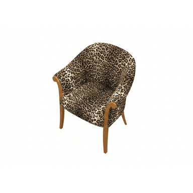 An armchair featuring full upholstery in a distinctive leopard print fabric, supported by visible wooden legs and armrest elements. The chair has a rounded back and seat, with the arms flowing into the front legs. — 3D model (AI enhanced source)
