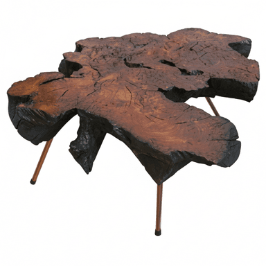 A unique, irregularly shaped coffee table crafted from a large, thick slab of dark wood. The wood features prominent grain patterns, natural cracks, and a heavily textured, almost charred edge on some sections. The surface is finished to a sheen, revealing the natural contours and imperfections of the wood. It is supported by three slender, copper-colored metal legs with black protective feet. — 3D model (AI enhanced source)