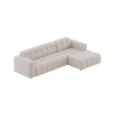 A modern, light-colored sectional sofa featuring distinct channel tufting across its seat and backrests, complete with a generously sized chaise lounge component. The design emphasizes a low profile and clean, rectilinear lines, presenting a contemporary aesthetic. — 3D model (AI enhanced source)