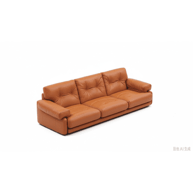 A contemporary three-seater sofa upholstered in tan leather, featuring three individual seat cushions and three corresponding back cushions. The back cushions are distinctively tufted, and the armrests are softly rolled, providing a plush and inviting appearance. The sofa's base is concealed, giving it a low-profile stance. The overall design emphasizes comfort with its ample padding and smooth leather finish. — 3D model (AI enhanced source)
