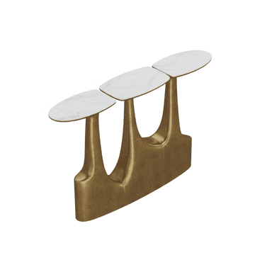 A contemporary console table featuring three oval, white marble tops with grey veining, supported by a single, continuous, sculptural base made of brass-finished metal. The base exhibits a fluid, abstract design with three upward curves that meet the underside of each tabletop. — 3D model (AI enhanced source)
