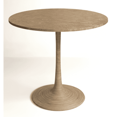 A round table featuring a natural travertine stone top with a subtly textured surface. The table is supported by a single, tapered pedestal base that exhibits a reeded or fluted texture, extending down to a matching circular plinth. The overall color palette is a warm, earthy beige or tan. — 3D model (AI enhanced source)