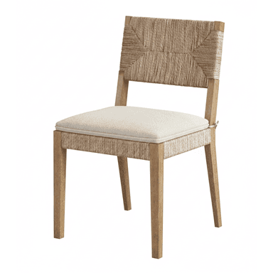 A light-toned wooden chair featuring a geometrically woven rope backrest and a removable, upholstered seat cushion in a neutral fabric. The frame is simple and rectilinear, with square tapered legs, suggesting a casual or coastal aesthetic. The overall design emphasizes natural materials and textures. — 3D model (AI enhanced source)