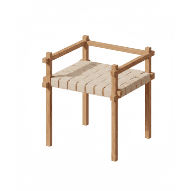 A minimalist, low-profile armchair constructed from light-colored wood featuring a woven strap seat and partial backrest/armrests. — 3D model (AI enhanced source)