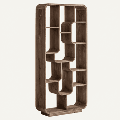 A tall, modern bookshelf constructed from wood, featuring a distinctive organic design with smooth, curvilinear forms and an asymmetrical shelving arrangement. It showcases multiple irregularly shaped compartments and a dark brown wood grain finish. — 3D model (AI enhanced source)