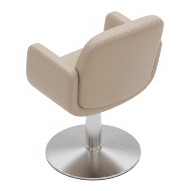 A modern swivel armchair featuring a fully upholstered seat and back in a neutral beige or tan tone, resting on a polished or brushed metal pedestal base. The chair's design is characterized by its smooth, rounded lines and absence of sharp angles, offering a contemporary aesthetic. The seat is cushioned for comfort, and the integrated arms flow seamlessly from the backrest. The circular disc base provides stability and the swiveling functionality. — 3D model (AI enhanced source)