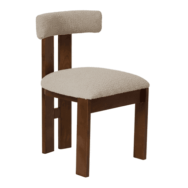 A contemporary wooden accent chair with a dark brown frame and light beige boucle fabric upholstery. It features a low, gently curved backrest and a square-shaped seat, both padded. The wooden frame consists of straight, thick legs with simple horizontal stretcher supports, creating a sturdy and minimalist design. — 3D model (AI enhanced source)