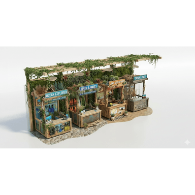 An assembly of four individual, open-air style commercial display kiosks, each featuring a distinct theme related to outdoor adventures. The kiosks are constructed primarily from natural wood with slatted roofs, extensively decorated with lush artificial greenery and moss, creating an organic and naturalistic aesthetic. Each unit includes counters and shelving designed to showcase specific products or services, like diving gear, adventure equipment, or fishing supplies. The kiosks are arranged on a textured ground surface, combining wooden planking and river stones, suggesting an outdoor or semi-outdoor setting. — 3D model (AI enhanced source)