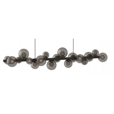 A modern linear suspension light featuring multiple spherical smoked glass shades attached to a dark horizontal bar. The shades are arranged in clusters and individually house light sources, emitting a warm glow. The fixture is suspended by two thin black wires. — 3D model (AI enhanced source)