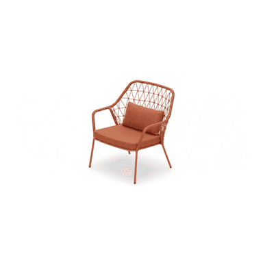 A contemporary outdoor lounge armchair featuring a terracotta-colored powder-coated metal frame. The backrest and armrests are constructed from an intricate open weave of a matching terracotta synthetic rope, forming a geometric pattern. It is fitted with removable seat and back cushions upholstered in a coordinating fabric. The chair stands on four slender, slightly splayed legs. — 3D model (AI enhanced source)