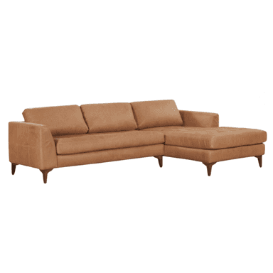 A contemporary sectional sofa upholstered in tan leather, featuring a right-hand facing chaise lounge, plush back cushions, and tapered wooden legs. The chaise seat is tufted. — 3D model (AI enhanced source)
