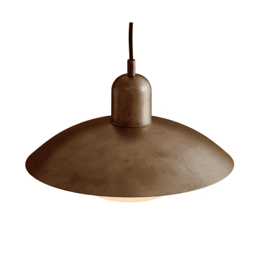 An industrial-style pendant light featuring a wide, shallow dome shade crafted from aged brass, suspended by a black electrical cord. The light source is diffused at the bottom, providing directed illumination. The overall aesthetic is minimalist and functional, highlighting the metal's texture and finish. — 3D model (AI enhanced source)