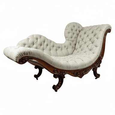 A luxurious, antique-style chaise lounge featuring a richly carved dark wood frame and plush, light-colored tufted upholstery. The chaise has an elongated form designed for reclining, with an asymmetrical backrest and a rolled end. The intricate carvings on the frame and legs suggest a Victorian or Rococo Revival aesthetic. — 3D model (AI enhanced source)