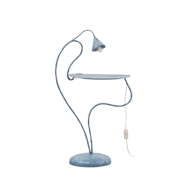A unique sculptural floor lamp featuring an integrated circular side table. The lamp is crafted from metal with a distressed, muted blue-green finish, giving it an aged, organic aesthetic. Its frame consists of fluid, curvilinear lines, culminating in a small conical shade housing an exposed bulb. A separate, thin wire with an in-line switch extends from the base of the table section. — 3D model (AI enhanced source)