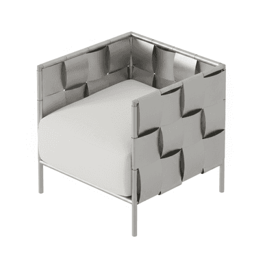 A modern lounge chair featuring a silver-grey metal frame with woven metallic side and back panels, paired with a thick white upholstered seat cushion. — 3D model (AI enhanced source)